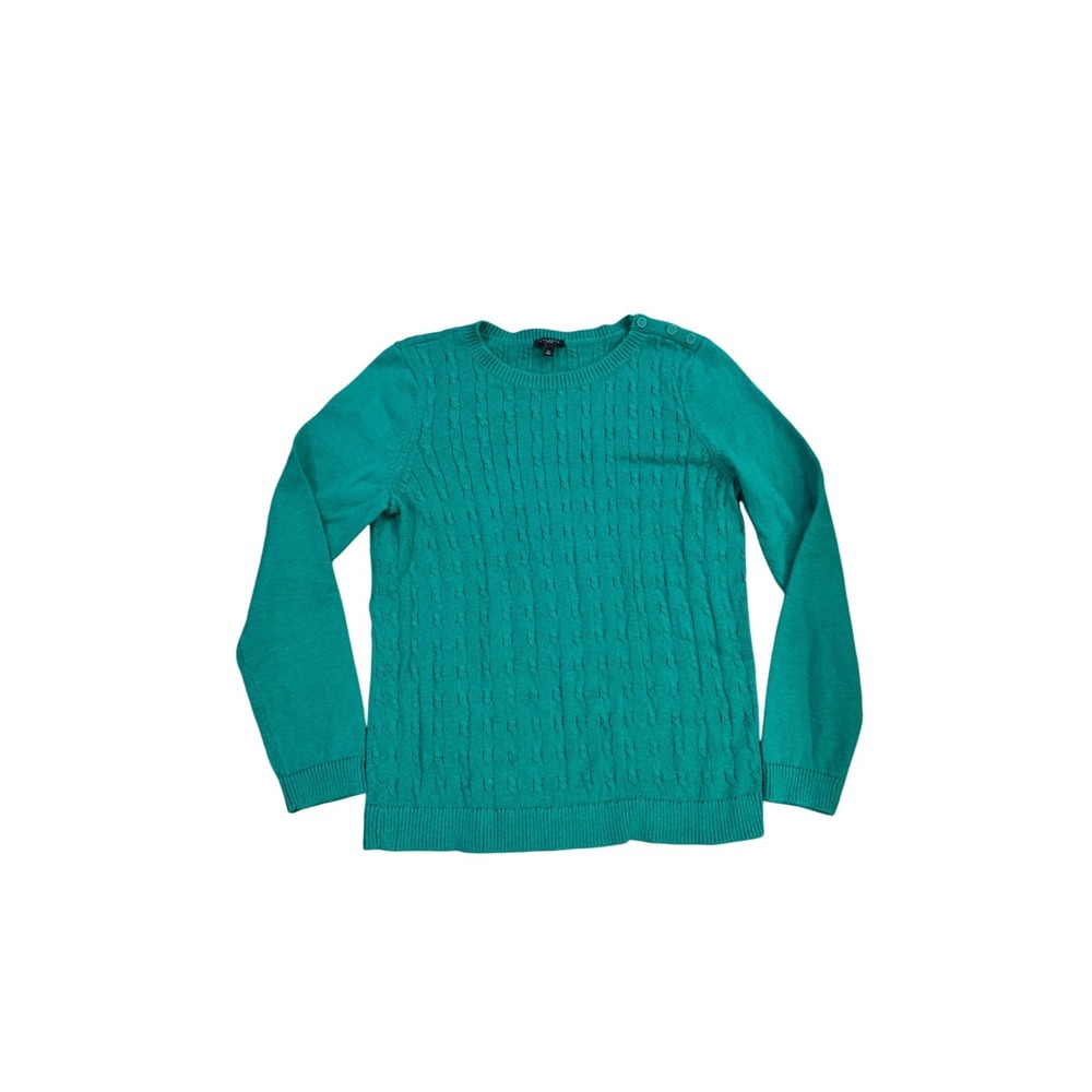 Talbots Large Petite Kelly‎ Green Cable Knit Crew Neck Button Shoulder Sweater